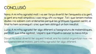 CONCLUSIÓ
Nona: A mi m’ha agradat molt i va ser força divertit fer l’enquesta a la gent,
la gent era molt simpàtica i casi ningu s’hi va negar. Tot i que teniem moltes
dades i no sabiem com ordenarles perquè les gràfiques tiguessin sentit, al
final ho hem aconseguit i crec que hem obtingut un bon resultat.
Lucia: A mi m’ha agradat fer algo diferent a l’assignatura de matemàtiques,
per molt que m’he agobiat, i espero que m’ajudi a canviar la meva mitja
David: Ha estat divertit fer aquest treball, ens ha costat organitzar-nos i no
tots pensavem el mateix, però m’ha agradat fer algo diferent.
 