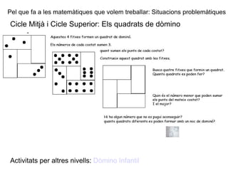 Pel que fa a les matemàtiques que volem treballar: Situacions problemàtiques Cicle Mitjà i Cicle Superior: Els quadrats de dòmino Activitats per altres nivells:  Dòmino Infantil 