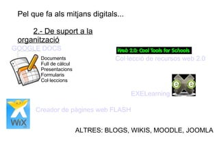Pel que fa als mitjans digitals...  2.- De suport a la organització GOOGLE DOCS Documents Full de càlcul Presentacions Formularis Col·leccions Col·lecció de recursos web 2.0 ALTRES: BLOGS, WIKIS, MOODLE, JOOMLA EXELearning Creador de pàgines web FLASH 