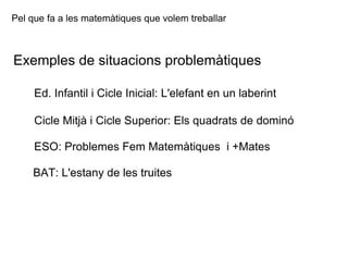 Pel que fa a les matemàtiques que volem treballar Exemples de situacions problemàtiques Ed. Infantil i Cicle Inicial: L'elefant en un laberint Cicle Mitjà i Cicle Superior: Els quadrats de dominó ESO: Problemes Fem Matemàtiques  i +Mates BAT: L'estany de les truites 