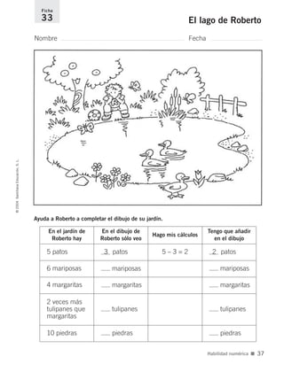 5 patos
6 mariposas
Tengo que añadir
en el dibujo
margaritas
Ayuda a Roberto a completar el dibujo de su jardín.
Nombre Fecha
Ficha
33 El lago de Roberto©2004SantillanaEducación,S.L.
Habilidad numérica ■ 37
En el jardín de
Roberto hay
3 patos 5 – 3 = 2 2 patos
mariposas mariposas
4 margaritas margaritas
2 veces más
tulipanes que
margaritas
tulipanes tulipanes
10 piedras piedras piedras
En el dibujo de
Roberto sólo veo
Hago mis cálculos
735700PAGINAS _ 001_040.qxd 19/11/03 21:22 Página 37
 