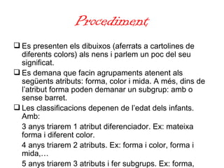 Procediment Es presenten els dibuixos (aferrats a cartolines de diferents colors) als nens i parlem un poc del seu significat. Es demana que facin agrupaments atenent als següents atributs: forma, color i mida. A més, dins de l’atribut forma poden demanar un subgrup: amb o sense barret.  Les classificacions depenen de l’edat dels infants. Amb: 3 anys triarem 1 atribut diferenciador. Ex: mateixa forma i diferent color. 4 anys triarem 2 atributs. Ex: forma i color, forma i mida,… 5 anys triarem 3 atributs i fer subgrups. Ex: forma, color i mida, forma, color i aspecte diferenciador… 