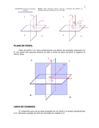 2
 GEOMÉTRICA: Desenho e Geometria   Resumo. Maria Bernardete Barison apresenta o ESTUDO DO PONTO em
           On-Line                 Geometria Descritiva. Geométrica vol.2 n.4a. 2007
    www.mat.uel.br/geometrica




PLANO DE PERFIL

      Plano de perfil é um plano perpendicular aos planos de projeções passando por
O. Um ponto tem abscissa positiva se está a frente do plano de perfil e negativa se
estiver atrás.




LINHA DE CHAMADA

      É o segmento que une as duas projeções de um ponto e é sempre perpendicular
à LT. Abscissa a posição da linha de chamada em relação à LT.
 