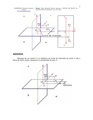 3
 GEOMÉTRICA: Desenho e Geometria   Resumo. Maria Bernardete Barison apresenta o ESTUDO DO PONTO em
           On-Line                 Geometria Descritiva. Geométrica vol.2 n.4a. 2007
    www.mat.uel.br/geometrica




ABSCISSA

     Abscissa de um ponto P é a distância da Linha de chamada do ponto P até o
Plano de Perfil. Assim, abscissa é a coordenada do eixo X.
 