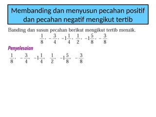 Membanding dan menyusun pecahan positif
dan pecahan negatif mengikut tertib
 