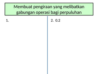 Membuat pengiraan yang melibatkan
gabungan operasi bagi perpuluhan
1. 2. 0.2
 