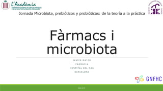 Jornada Microbiota, prebióticos y probióticos: de la teoría a la práctica
Fàrmacs i
microbiota
J A V I E R M A T E U
F A R M À C I A
H O S P I T A L D E L M A R
B A R C E L O N A
MAIG 2019
 