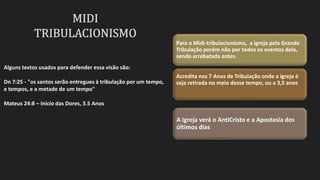 Para o Midi-tribulacionismo, a igreja pela Grande
Tribulação porém não por todos os eventos dela,
sendo arrebatada antes.
Acredita nos 7 Anos de Tribulação onde a igreja é
seja retirada no meio desse tempo, ou a 3,5 anos
A Igreja verá o AntiCristo e a Apostasia dos
últimos dias
Alguns textos usados para defender essa visão são:
Dn 7:25 - "os santos serão entregues à tribulação por um tempo,
e tempos, e a metade de um tempo"
Mateus 24:8 – Inicio das Dores, 3.5 Anos
 
