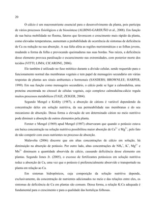 20
O cálcio é um macronutriente essencial para o desenvolvimento da planta, pois participa
de vários processos fisiológicos e de biossíntese (ALBINO-GARDUÑO et al., 2008). Em função
de sua baixa mobilidade no floema, fatores que favorecem o crescimento mais rápido da planta,
como elevadas temperaturas, aumentam a probabilidade de ocorrência de sintomas de deficiência
de Ca ou redução na sua absorção. A sua falta afeta as regiões meristemáticas e as folhas jovens,
mudando a forma da folha e provocando queimaduras nas suas bordas. Nas raízes, a deficiência
desse elemento provoca paralisação e escurecimento nas extremidades, com posterior morte dos
tecidos (VITTI; LIMA; CICARONE, 2006).
Ele também é utilizado no fuso mitótico durante a divisão celular, sendo requerido para o
funcionamento normal das membranas vegetais e tem papel de mensageiro secundário em várias
respostas de plantas aos sinais ambientais e hormonais (SANDERS; BROWNLEE; HARPER,
1999). Em sua função como mensageiro secundário, o cálcio pode se ligar a calmodulina, uma
proteína encontrada no citossol de células vegetais, cujo complexo calmodulina-cálcio regula
muitos processos metabólicos (TAIZ; ZEIGER, 2004).
Segundo Mengel e Kirkby (1987), a absorção de cátions é variável dependendo da
concentração deles em solução nutritiva, da sua permeabilidade nas membranas e do seu
mecanismo de absorção. Dessa forma a elevação de um determinado cátion no meio nutritivo
pode diminuir a absorção de outros elementos pela planta.
Forster e Mengel (1969) apud Mengel (1987) observaram que quando o potássio estava
em baixa concentração na solução nutritiva possibilitou maior absorção de Ca2+
e Mg2+
, pelo fato
de não competir com esses nutrientes no processo de absorção.
Malavolta (2006) discorre que em altas concentrações de cálcio em solução, há
diminuição na absorção de potássio. Por outro lado, altas concentrações de NH4
+
, K+
, Mg2+
e
Mn2+
diminuem a quantidade absorvida de cálcio, causando deficiência desse elemento em
plantas. Segundo Jones Jr. (2005), o excesso de fertilizantes potássicos em solução nutritiva
reduz a absorção de Ca, uma vez que o potássio é preferencialmente absorvido e transportado na
planta em relação ao Ca.
Em sistemas hidropônicos, cuja composição da solução nutritiva depende,
exclusivamente, da concentração de nutrientes adicionados no meio e das relações entre eles, os
sintomas de deficiência de Ca em plantas são comuns. Dessa forma, a relação K:Ca adequada é
fundamental para o crescimento e para a qualidade das hortaliças folhosas.
 