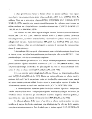 22
O silício precipita nas plantas no lúmen celular, nas paredes celulares e nos espaços
intercelulares ou camadas externas como sílica amorfa (Si2-nH2O) (MA; YAMAJI, 2006). Na
epiderme foliar, ele se une com a celulose (JONES; HANDRECK, 1967; CHEONG; HEITZ;
DEVILLE, 1973), podendo estar presente nas células-guarda dos estômatos, nos tricomas, nas
células papilosas, nas células buliformes e nos elementos dos vasos (CAMPOS; LABOURIAU,
1969; SILVA; LAUBOURIAU, 1970).
Esse elemento auxilia a planta superar múltiplos estresses, incluindo estresses abióticos e
bióticos. (MITANI; MA, 2005). Dentre os abióticos inclui-se o estresse químico (salinidade,
toxidade por metais, desbalanço entre nutrientes) e estresse físico (estresse hídrico, excesso de
radiação solar, elevadas e baixas temperaturas) (MA, 2004; MA; YAMAJI, 2006). Com relação
aos fatores bióticos, o silício tem importante papel no aumento de resistência das plantas contra o
ataque de pragas e doenças.
A deposição de silício na parede celular aumenta a sua resistência mantendo, dessa forma,
as plantas eretas e as folhas bem posicionadas para interceptar a luz solar (EPSTEIN, 1994),
contribuindo para a eficiência fotossintética das plantas.
Estudos mostram que a adição de Si na solução nutritiva pode promover o crescimento de
plantas de tomate e pepino em sistemas hidropônicos (EPSTEIN, 1994; MARSCHENER, 1990).
Em plantas de morango, a viabilidade dos grãos de pólen e o peso dos frutos aumentaram com a
adição de silício na solução nutritiva (MIYAKE; TAKAHASHI, 1986).
O Si pode aumentar a concentração de clorofila nas folhas, o que foi constatado em feijão
caupi (MURILO-AMADOR et al., 2007). Plantas de pepino cultivadas em solução nutritiva
contendo 46,6 mg L-1
de Si apresentaram maior teor de clorofila, maior massa fresca e seca de
raiz, maior massa fresca por unidade de área, atraso na senescência e aumento da rigidez das
folhas maduras, as quais se mantiveram mais horizontais (ADATIA; BESFORD, 1986).
O Si também apresenta importante papel nas relações hídricas, regulando a transpiração.
Estudos revelam que ele reduz a transpiração em plantas de arroz em condições não salinas, em
virtude da camada fina de sílica gel associada com a celulose na parede celular da epiderme, o
que permite que a água seja perdida em uma taxa menor (MA; TAKAHASHI, 1993).
Em alface, a aplicação de 1,5 mmol L-1
de silício na solução nutritiva resultou em menor
incidência de queima dos bordos, ocasionada pela deficiência de Ca, pelo fato do Si regular a
transpiração, consequentemente o fluxo de cálcio para os tecidos vegetais (LUZ; GUIMARÃES;
 