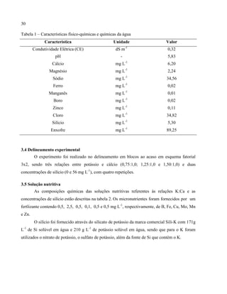 30
Tabela 1 – Características físico-químicas e químicas da água
Característica Unidade Valor
Condutividade Elétrica (CE) dS m-1
0,32
pH - 5,83
Cálcio mg L-1
6,20
Magnésio mg L-1
2,24
Sódio mg L-1
34,56
Ferro mg L-1
0,02
Manganês mg L-1
0,01
Boro mg L-1
0,02
Zinco mg L-1
0,11
Cloro mg L-1
34,82
Silício mg L-1
5,30
Enxofre mg L-1
89,25
3.4 Delineamento experimental
O experimento foi realizado no delineamento em blocos ao acaso em esquema fatorial
3x2, sendo três relações entre potássio e cálcio (0,75:1,0; 1,25:1,0 e 1,50:1,0) e duas
concentrações de silício (0 e 56 mg L-1
), com quatro repetições.
3.5 Solução nutritiva
As composições químicas das soluções nutritivas referentes às relações K:Ca e as
concentrações de silício estão descritas na tabela 2. Os micronutrientes foram fornecidos por um
fertlizante contendo 0,5, 2,5, 0,5, 0,1, 0,5 e 0,5 mg L-1
, respectivamente, de B, Fe, Cu, Mo, Mn
e Zn.
O silício foi fornecido através do silicato de potássio da marca comercial Sili-K com 171g
L-1
de Si solúvel em água e 210 g L-1
de potássio solúvel em água, sendo que para o K foram
utilizados o nitrato de potássio, o sulfato de potássio, além da fonte de Si que contém o K.
 