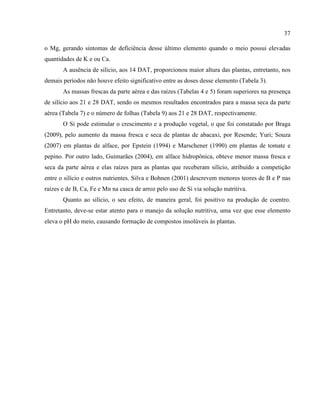 37
o Mg, gerando sintomas de deficiência desse último elemento quando o meio possui elevadas
quantidades de K e ou Ca.
A ausência de silício, aos 14 DAT, proporcionou maior altura das plantas, entretanto, nos
demais períodos não houve efeito significativo entre as doses desse elemento (Tabela 3).
As massas frescas da parte aérea e das raízes (Tabelas 4 e 5) foram superiores na presença
de silício aos 21 e 28 DAT, sendo os mesmos resultados encontrados para a massa seca da parte
aérea (Tabela 7) e o número de folhas (Tabela 9) aos 21 e 28 DAT, respectivamente.
O Si pode estimular o crescimento e a produção vegetal, o que foi constatado por Braga
(2009), pelo aumento da massa fresca e seca de plantas de abacaxi, por Resende; Yuri; Souza
(2007) em plantas de alface, por Epstein (1994) e Marschener (1990) em plantas de tomate e
pepino. Por outro lado, Guimarães (2004), em alface hidropônica, obteve menor massa fresca e
seca da parte aérea e elas raízes para as plantas que receberam silício, atribuído a competição
entre o silício e outros nutrientes. Silva e Bohnen (2001) descrevem menores teores de B e P nas
raízes e de B, Ca, Fe e Mn na casca de arroz pelo uso de Si via solução nutritiva.
Quanto ao silício, o seu efeito, de maneira geral, foi positivo na produção de coentro.
Entretanto, deve-se estar atento para o manejo da solução nutritiva, uma vez que esse elemento
eleva o pH do meio, causando formação de compostos insolúveis às plantas.
 
