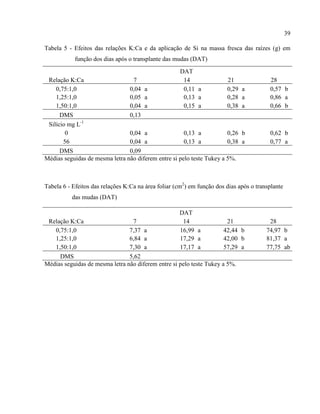 39
Tabela 5 - Efeitos das relações K:Ca e da aplicação de Si na massa fresca das raízes (g) em
função dos dias após o transplante das mudas (DAT)
DAT
Relação K:Ca 7 14 21 28
0,75:1,0 0,04 a 0,11 a 0,29 a 0,57 b
1,25:1,0 0,05 a 0,13 a 0,28 a 0,86 a
1,50:1,0 0,04 a 0,15 a 0,38 a 0,66 b
DMS 0,13
Silício mg L-1
0 0,04 a 0,13 a 0,26 b 0,62 b
56 0,04 a 0,13 a 0,38 a 0,77 a
DMS 0,09
Médias seguidas de mesma letra não diferem entre si pelo teste Tukey a 5%.
Tabela 6 - Efeitos das relações K:Ca na área foliar (cm2
) em função dos dias após o transplante
das mudas (DAT)
DAT
Relação K:Ca 7 14 21 28
0,75:1,0 7,37 a 16,99 a 42,44 b 74,97 b
1,25:1,0 6,84 a 17,29 a 42,00 b 81,37 a
1,50:1,0 7,30 a 17,17 a 57,29 a 77,75 ab
DMS 5,62
Médias seguidas de mesma letra não diferem entre si pelo teste Tukey a 5%.
 