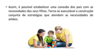 • Assim, é possível estabelecer uma conexão dos pais com as
necessidades dos seus filhos. Torna-se executável a construção
conjunta de estratégias que atendam as necessidades de
ambos.
 