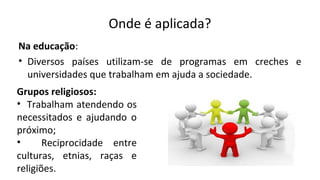 Onde é aplicada?
Na educação:
• Diversos países utilizam-se de programas em creches e
universidades que trabalham em ajuda a sociedade.
Grupos religiosos:
• Trabalham atendendo os
necessitados e ajudando o
próximo;
• Reciprocidade entre
culturas, etnias, raças e
religiões.
 