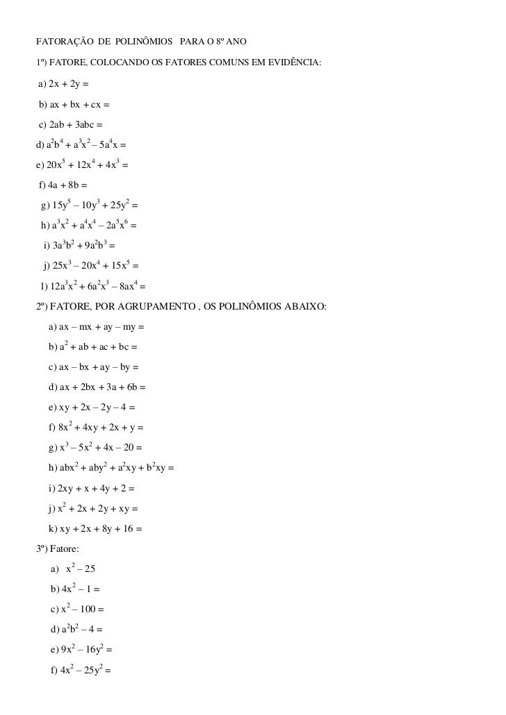 Exercicios De Matematica Sobre Fatoração De Polinomios