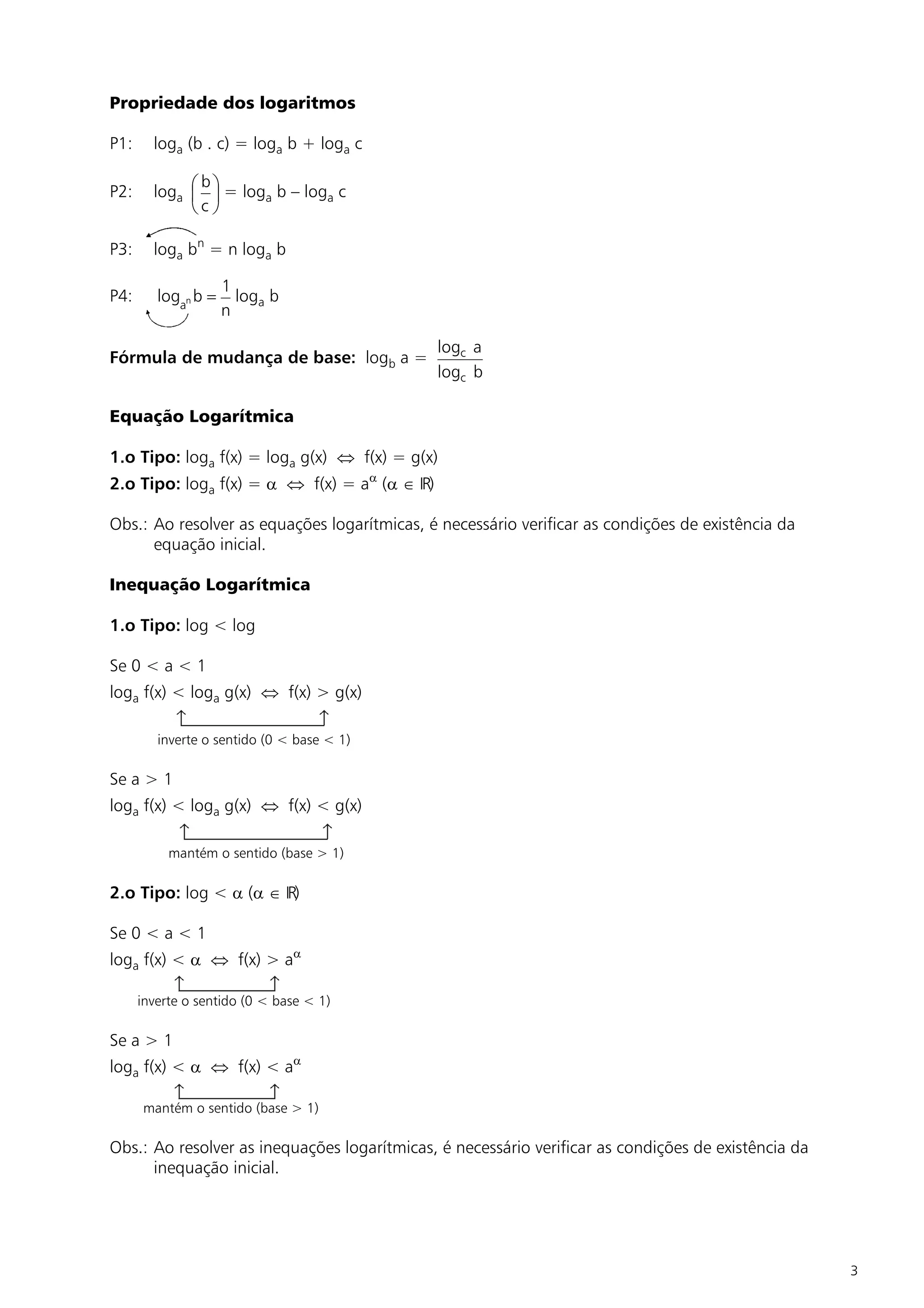 Propriedade dos logaritmos

P1:     loga (b . c) = loga b + loga c

              b
P2:     loga æ ö = loga b – loga c
             ç ÷
             èc ø

P3:     loga bn = n loga b

                     1
P4:      logan b =     loga b
                     n

                                               logc a
Fórmula de mudança de base: logb a =
                                               logc b

Equação Logarítmica

1.o Tipo: loga f(x) = loga g(x) Û f(x) = g(x)
2.o Tipo: loga f(x) = a Û f(x) = aa (a Î IR)

Obs.: Ao resolver as equações logarítmicas, é necessário verificar as condições de existência da
      equação inicial.

Inequação Logarítmica

1.o Tipo: log < log

Se 0 < a < 1
loga f(x) < loga g(x) Û f(x) > g(x)

         inverte o sentido (0 < base < 1)

Se a > 1
loga f(x) < loga g(x) Û f(x) < g(x)

           mantém o sentido (base > 1)

2.o Tipo: log < a (a Î IR)

Se 0 < a < 1
loga f(x) < a Û f(x) > aa

      inverte o sentido (0 < base < 1)

Se a > 1
loga f(x) < a Û f(x) < aa

      mantém o sentido (base > 1)

Obs.: Ao resolver as inequações logarítmicas, é necessário verificar as condições de existência da
      inequação inicial.




                                                                                                     3
 