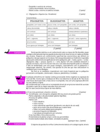- Parapódio e ausência de ventosas.
                       - Cabeça desenvolvida e larva trocófora.
                       - Muitas cerdas e sistema circulatório fechado                                  (1 ponto)

                    c) - Oligoquetos e Aquetos (ou Hirudíneos)                                         (1 ponto)

                    Características:
                          POLIQUETOS                    OLIGOQUETOS                         AQUETOS
                     parapódios com muitas cerdas   poucas cerdas, sem parapódios    sem cerdas, sem parapódios

                     cabeça desenvolvida            cabeça reduzida                  cabeça reduzida

                     sem ventosas                   sem ventosas                     ventosas anteriores e posteriores

                     sem clitelo                    com clitelo                      sem clitelo

                     anel = segmento                anel = segmento                  um anel = vários segmentos

                     larva trocófora                sem larva                        sem larva

                     troca gasosa por brânquias     raros com brânquias              sem brânquias

                                                             (1 ponto)                        (1 ponto)

   Comentários              Nesta questão solicitou-se um conhecimento sobre as classes do Filo Annelida, grupo
                    zoológico enfocado pela imprensa quando da descoberta de novas formas em regiões profundas
                    dos oceanos. Requeria um conhecimento superficial das características que definem os
                    poliquetos e das que separam as três classes. Parte da questão poderia ser facilmente respondida
                    apenas pelo conhecimento do significado do nome (poliquetos: poli = muitas, quetos = cerdas;
                    oligoquetos: oligo = poucos; aquetos: a = sem). Apenas 12% dos candidatos deixaram a
                    questão em branco, mas 41% tiveram nota zero. Este baixo desempenho pode ser atribuído
                    à falta de familiaridade com este grupo zoológico, especialmente com os poliquetos e
                    sanguessugas (aquetos). No entanto, esta questão foi uma das que mais selecionaram os
                    candidatos para a área Biológica.
                            No item a, os candidatos responderam com muita freqüência que os poliquetos
                    pertenciam a artrópodos, celenterados, moluscos, platelmintos e cordados.

                    A poluição atmosférica de Cubatão continua provocando efeitos negativos na vegetação da
                    Serra do Mar, mesmo após a instalação de filtros nas indústrias na década de 80. Nos locais
        Questão     onde houve destruição total, a mata está se recompondo, mas com uma vegetação diferente
          17        da mata atlântica original .
                    a) Considerando que a mata está se recompondo através de um processo natural de sucessão
                    secundária, quais são as etapas esperadas neste processo?
                    b) Cite duas características típicas da mata atlântica.

Resposta Esperada a) Ervas (e/ou gramíneas), arbustos e árvores.                                     (3 pontos)
                    b) - Estratificação, com emergentes atingindo 40m (ou árvores de grande porte).
                       - Plantas adaptadas à alta pluviosidade (plantas higrófilas).
                       - Presença de epífitas e lianas.
                       - Plantas com:
                              • raízes tabulares
                              • raízes escoras
                              • raízes adventícias superficiais (geralmente com aborto da raiz axial)
                              • parte aérea muito mais desenvolvida que a subterrânea
                              • folhas com ponta afilada (ponta gotejante)
                              • presença frequente de hidatódios
                              • reprodução principalmente por sementes
                       - Ervas macrófilas e fetos arborescentes.
                       - Predominância de plantas sempre verdes (ou perenefolias).
                       - Grande biodiversidade (diversidade, variedade) de plantas.
                                                                                     (quaisquer duas: 2 pontos)
   Comentários             O objetivo da questão foi verificar conhecimentos básicos em ecologia vegetal, através

                                                                                                                         51
 