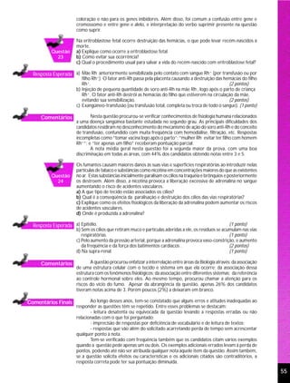 coloração e não para os genes inibidores. Além disso, foi comum a confusão entre gene e
                      cromossomo e entre gene e alelo, e interpretação do verbo suprimir presente na questão
                      como suprir.

                      Na eritroblastose fetal ocorre destruição das hemácias, o que pode levar recém-nascidos à
                      morte.
          Questão     a) Explique como ocorre a eritroblastose fetal.
            23        b) Como evitar sua ocorrência?
                      c) Qual o procedimento usual para salvar a vida do recém-nascido com eritroblastose fetal?

  Resposta Esperada a) Mãe Rh+anteriormente sensibilizada pelo contato com sangue Rh (por transfusão ou por
                             -                                                      +

                         filho Rh ). O fator anti-Rh passa pela placenta causando a destruição das hemácias do filho
                         Rh+.                                                                        (2 pontos)
                      b) Injeção de pequena quantidade de soro anti-Rh na mãe Rh-, logo após o parto de criança
                         Rh+. O fator anti-Rh destrói as hemácias do filho que estiverem na circulação da mãe,
                         evitando sua sensibilização.                                                (2 pontos)
                      c) Exangüíneo-transfusão (ou transfusão total, completa ou troca de todo o sangue). (1 ponto)

     Comentários             Nesta questão procurou-se verificar conhecimentos de fisiologia humana relacionados
                      a uma doença sangüínea bastante estudada no segundo grau. As principais dificuldades dos
                      candidatos residiram no desconhecimento do mecanismo de ação do soro anti-Rh e do conceito
                      de transfusão, confundido com muita freqüência com hemodiálise, filtração, etc. Respostas
                      incompletas como “tomar vacina logo após o parto”; “mulher Rh- evitar ter filho com homem
                      Rh+”; e “ter apenas um filho” receberam pontuação parcial.
                             A nota média geral nesta questão foi a segunda maior da prova, com uma boa
                      discriminação em todas as áreas, com 44% dos candidatos obtendo notas entre 3 e 5.

                      Os fumantes causam maiores danos às suas vias e superfícies respiratórias ao introduzir nelas
                      partículas de tabaco e substâncias como nicotina em concentrações maiores do que as existentes
          Questão     no ar. Estas substâncias inicialmente paralisam os cílios na traquéia e brônquios e posteriormente
            24        os destroem. Além disso, a nicotina provoca a liberação excessiva de adrenalina no sangue
                      aumentando o risco de acidentes vasculares.
                      a) A que tipo de tecido estão associados os cílios?
                      b) Qual é a conseqüência da paralisação e destruição dos cílios das vias respiratórias?
                      c) Explique como os efeitos fisiológicos da liberação da adrenalina podem aumentar os riscos
                      de acidentes vasculares.
                      d) Onde é produzida a adrenalina?

  Resposta Esperada a) Epitélio.                                                                       (1 ponto)
                      b) Sem os cílios que retiram muco e partículas aderidas a ele, os resíduos se acumulam nas vias
                         respiratórias.                                                                (1 ponto)
                      c) Pelo aumento da pressão arterial, porque a adrenalina provoca vaso-constrição, e aumento
                         da freqüência e da força dos batimentos cardíacos .                           (2 pontos)
                      d) Na supra-renal.                                                               (1 ponto)

     Comentários             A questão procurou enfatizar a interrelação entre áreas da Biologia através: da associação
                      de uma estrutura celular com o tecido e sistema em que ela ocorre; da associação dessa
                      estrutura com os fenômenos fisiológicos; da associação entre diferentes sistemas; da referência
                      ao controle hormonal sobre eles. Ao mesmo tempo, procurou chamar a atenção para os
                      riscos do vício do fumo. Apesar da abrangência da questão, apenas 26% dos candidatos
                      tiveram notas acima de 3. Porém poucos (2%) a deixaram em branco.

Comentários Finais           Ao longo desses anos, tem-se constatado que alguns erros e atitudes inadequadas ao
                      responder as questões têm se repetido. Entre esses problemas se destacam:
                             - leitura desatenta ou equivocada da questão levando a respostas erradas ou não
                      relacionadas com o que foi perguntado;
                             - imprecisão de respostas por deficiência de vocabulário e de leitura de textos;
                             - respostas que vão além do solicitado acarretando perda de tempo sem acrescentar
                      qualquer ponto à nota.
                             Tem-se verificado com freqüência também que os candidatos citam vários exemplos
                      quando a questão pede apenas um ou dois. Os exemplos adicionais errados levam à perda de
                      pontos, podendo até não ser atribuída qualquer nota àquele item da questão. Assim também,
                      se a questão solicita efeitos ou características e os adicionais citados são contraditórios, a
                      resposta correta pode ter sua pontuação diminuída.
                                                                                                                           55
 