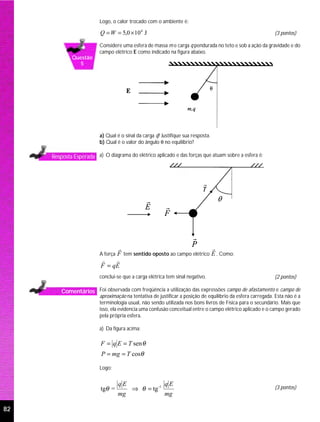 Logo, o calor trocado com o ambiente é:

                          Q = W = 5,0 × 104 J                                                                (3 pontos)

                          Considere uma esfera de massa m e carga q pendurada no teto e sob a ação da gravidade e do
                          campo elétrico E como indicado na figura abaixo.
             Questão
               5




                          a) Qual é o sinal da carga q? Justifique sua resposta.
                          b) Qual é o valor do ângulo θ no equilíbrio?

     Resposta Esperada a) O diagrama do elétrico aplicado e das forças que atuam sobre a esfera é:




                                   r                                               r
                          A força F tem sentido oposto ao campo elétrico E . Como:
                          r    r
                          F = qE
                          conclui-se que a carga elétrica tem sinal negativo.                                (2 pontos)

         Comentários Foi observada com freqüência a utilização das expressões campo de afastamento e campo de
                          aproximação na tentativa de justificar a posição de equilíbrio da esfera carregada. Esta não é a
                          terminologia usual, não sendo utilizada nos bons livros de Física para o secundário. Mais que
                          isso, ela evidencia uma confusão conceitual entre o campo elétrico aplicado e o campo gerado
                          pela própria esfera.

                          a) Da figura acima:

                          F = q E = T sen θ
                          P = mg = T cosθ

                          Logo:


                                   qE                    qE
                          tgθ =          ⇒ θ = tg -1                                                         (3 pontos)
                                  mg                     mg

82
 