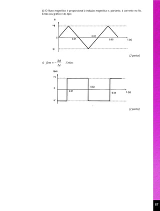 b) O fluxo magnético é proporcional à indução magnética e, portanto, à corrente no fio.
Então seu gráfico é do tipo:




                                                                           (2 pontos)
             ∆φ
c) fem = −          . Então:
             ∆t




                                                                           (2 pontos)




                                                                                          87
 