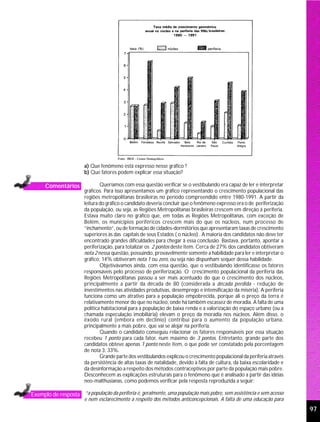 a) Que fenômeno está expresso nesse gráfico ?
                        b) Que fatores podem explicar essa situação?

      Comentários               Queríamos com essa questão verificar se o vestibulando era capaz de ler e interpretar
                        gráficos. Para isso apresentamos um gráfico representando o crescimento populacional das
                        regiões metropolitanas brasileiras no período compreendido entre 1980-1991. A partir da
                        leitura do gráfico o candidato deveria concluir que o fenômeno expresso era o de periferização
                        da população, ou seja, as Regiões Metropolitanas brasileiras crescem em direção à periferia.
                        Estava muito claro no gráfico que, em todas as Regiões Metropolitanas, com exceção de
                        Belém, os municípios periféricos crescem mais do que os núcleos, num processo de
                        “inchamento”, ou de formação de cidades-dormitórios que apresentaram taxas de crescimento
                        superiores às das capitais de seus Estados ( o núcleo) . A maioria dos candidatos não deve ter
                        encontrado grandes dificuldades para chegar à essa conclusão. Bastava, portanto, apontar a
                        periferização, para totalizar os 2 pontos deste item. Cerca de 27% dos candidatos obtiveram
                        nota 2 nessa questão, possuindo, provavelmente somente a habilidade para ler e interpretar o
                        gráfico; 14% obtiveram nota 1 ou zero, ou seja não dispunham sequer dessa habilidade.
                                Objetivávamos ainda, com essa questão, que o vestibulando identificasse os fatores
                        responsáveis pelo processo de periferização. O crescimento populacional da periferia das
                        Regiões Metropolitanas passou a ser mais acentuado do que o crescimento dos núcleos,
                        principalmente a partir da década de 80 (considerada a década perdida - redução de
                        investimentos nas atividades produtivas, desemprego e intensificação da miséria). A periferia
                        funciona como um atrativo para a população empobrecida, porque ali o preço da terra é
                        relativamente menor do que no núcleo, onde há também escassez de moradia. A falta de uma
                        política habitacional para a população de baixa renda e a valorização do espaço urbano (ou a
                        chamada especulação imobiliária) elevam o preço da moradia nos núcleos. Além disso, o
                        êxodo rural (embora em declínio) contribui para o aumento da população urbana,
                        principalmente a mais pobre, que vai se alojar na periferia.
                                Quando o candidato conseguiu relacionar os fatores responsáveis por essa situação
                        recebeu 1 ponto para cada fator, num máximo de 3 pontos. Entretanto, grande parte dos
                        candidatos obteve apenas 1 ponto neste item, o que pode ser constatado pela porcentagem
                        de nota 3: 33%.
                                Grande parte dos vestibulandos explicou o crescimento populacional da periferia através
                        da persistência de altas taxas de natalidade, devido à falta de cultura, da baixa escolaridade e
                        da desinformação a respeito dos métodos contraceptivos por parte da população mais pobre.
                        Desconhecem as explicações estruturais para o fenômeno que é analisado a partir das idéias
                        neo-malthusianas, como podemos verificar pela resposta reproduzida a seguir:

Exemplo de resposta “a população da periferia é, geralmente, uma população mais pobre, sem assistência e sem acesso
                        e nem esclarecimento a respeito dos métodos anticoncepcionais. A falta de uma educação para
                                                                                                                           97
 