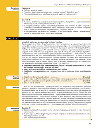 Língua Portuguesa e Literaturas de Língua Portuguesa


   Exemplos de    Candidato A
      respostas   a) Telômero; através do oposto.
                  b) “Apêndices dos cromossomos que compõem o material genético”; “Os de Dolly são...”.
                  c) “Nesse sentido os telômeros estão fundamentalmente ligados ao envelhecimento”.


                  Candidato B
                  a) A presença dos telômeros curtos é caracterizado como problema. Esse problema é explicado através do
                     fato de Dolly ter sido criada a partir de uma célula adulta.
                  b) A passagem do texto que expressa uma verdade genética dada como conhecida de todos é a seguinte:
                     “Sabe-se que o comprimento dos telômeros diminui à medida que as células vão se dividindo ao longo da
                     vida”. A expressão que indica esse compartilhamento é a expressão “sabe-se”.
                  c) A passagem do texto que expressa uma hipótese é: “Se essa anomalia pode acarretar o envelhecimento
                     precoce da ovelha ou não é outra história ainda a investigar”.


QUESTÃO 5
                  Leia o texto abaixo, que apresenta outra “novidade” científica
                  Raposa na pele de cordeiro – Os golfinhos sempre tiveram uma das mais agradáveis imagens do mundo
                  animal. Dóceis e úteis, permeiam a literatura infantil com gestos dignos do melhor samaritano. Flipper que
                  o diga. Bom, descobriu-se que a coisa não é bem assim. Seguindo um rastro de evidências perturbadoras,
                  cientistas de vários países, que vêm estudando com mais cautela o comportamento desses mamíferos,
                  chegaram a uma triste conclusão: os golfinhos estão longe de ser aquelas criaturas felizes e pacíficas.
                  Foram observadas práticas de infanticídio – golfinhos adultos matando filhotes – e morte em série de outros
                  mamíferos aquáticos. Em locais tão distantes entre si quanto a costa americana e a da Irlanda, os golfinhos
                  usam seu bico pontudo e dentado como clavas para bater e retalhar suas presas. Mas, diferentemente de
                  outros animais carnívoros, eles não comem um pedaço sequer de suas vítimas. Como a espécie é muito
                  social com humanos, teme-se que essa violência possa se repetir em parques aquáticos ou cidades costei-
                  ras, onde há muita proximidade com golfinhos. (ISTOÉ 1554, 14/07/99)
                  a) suponha que alguém não saiba nada sobre golfinhos. Como os classificaria, do ponto de vista da zoolo-
                      gia, com base nas informações fornecidas pelo texto?
                  b) qual o receio expresso na última frase do texto, e o que o justifica?
                  c) Nas fábulas, o inimigo do cordeiro não é a raposa. Tendo isso em conta, qual deveria ser o título deste
                      texto?

      Resposta    a) Os golfinhos são mamíferos (aquáticos) e carnívoros.                                     (2 pontos)
      esperada    b) O receio é que os golfinhos ataquem humanos; a razão é que nos parques aquáticos freqüentemente há
                     golfinhos e nas cidades costeiras, golfinhos poderiam ter acesso a humanos.              (2 pontos)
                  c) Lobo na pele de cordeiro.                                                                 (1 ponto)


    Comentário
                      Mais uma vez, responderia bem à questão quem tivesse uma compreensão adequada do texto, que fala de
                  golfinhos, a propósito de algumas descobertas recentes que põem em dúvida sua docilidade e sua sociabilida-
                  de com os humanos. Em a, pedia-se ao candidato que extraísse do texto uma classificação zoológica dos
                  golfinhos: para isso, bastaria observar que o texto fala às vezes desses animais como um conjunto que pode
                  ser isolado num conjunto maior: “esses mamíferos”, “[os golfinhos e] outros [animais que, como os golfinhos
                  são] mamíferos aquáticos”, “[outros] animais carnívoros”; b pedia, em resumo, que o candidato, tendo lido no
                  texto que os golfinhos matam outros mamíferos aquáticos e sabendo que os seres humanos são mamíferos
                  que se aventuram em águas freqüentadas pelos golfinhos, principalmente em cidades costeiras e parques aquáti-
                  cos, tirasse a conclusão de que os golfinhos representam risco para os seres humanos. Para responder a c, bastava
                  lembrar que o inimigo tradicional do carneiro é o lobo, chegando assim ao ditado “lobo em pele de carneiro”.

   Exemplos de    Candidato A
      respostas   a) Se classificaria o golfinho sendo um animal extremamente perigoso, comparando às vezes até mesmo
                     com o tubarão.
                  b) O receio é que as atitudes do golfinho possa se repetir em parques aquáticos ou cidades costeiras, onde
                     há muita proximidade com eles.
                  c) Seria: Cordeiro na pele de Raposa.
                                                                                                                                      v




                                                                                                                                49
 