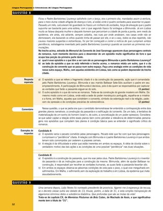 Língua Portuguesa e Literaturas de Língua Portuguesa

QUESTÃO 8
                      Ficou o Padre Bartolomeu Lourenço satisfeito com o lanço, era o primeiro dia, mandados assim à ventura,
                      para o meio duma cidade afligida de doença e luto, aí estão vinte e quatro vontades para assentar no papel.
                      Passado um mês, calcularam ter guardado no frasco um milheiro de vontades, força de elevação que o padre
                      supunha ser bastante para uma esfera, com o que segundo frasco foi entregue a Blimunda. Já em Lisboa
                      muito se falava daquela mulher e daquele homem que percorriam a cidade de ponta a ponta, sem medo da
                      epidemia, ele atrás, ela adiante, sempre calados, nas ruas por onde andavam, nas casas onde não se
                      demoravam, ela baixando os olhos quando tinha de passar por ele, e se o caso, todos os dias repetido, não
                      causou maiores suspeitas e estranhezas, foi por ter começado a correr a notícia de que cumpriam ambos
                      penitência, estratagema inventado pelo padre Bartolomeu Lourenço quando se ouviram as primeiras mur-
                      murações.
                      No trecho acima, extraído de Memorial do Convento de José Saramago aparecem duas personagens centrais
                      do romance, num momento decisivo para o desenrolar de um episódio muito significativo do livro e que
                      ocupa boa porção da primeira parte deste.
                      a) qual é esse episódio e o que têm a ver com ele as personagens Blimunda e padre Bartolomeu Lourenço?
                      b) ao lado do episódio a que se está referindo o trecho acima, o romance relata um outro, que é o da
                          construção do convento que se passa num outro espaço. Faça uma analogia entre as condições de vida
                          nesse outro espaço, Mafra, com aquelas existentes em Lisboa, tais como se podem depreender do trecho
                          citado.

          Resposta    a) O episódio a que se refere o fragmento citado é o da construção da passarola, ação que é comandada
          esperada       pelo Padre Bartolomeu Lourenço. Blimunda e seu marido Baltasar Sete-Sóis auxiliam o padre em seu
                         empreendimento. A participação de Blimunda é decisiva, pois é ela quem se responsabiliza por capturar
                         as vontades que farão a passarola erguer-se do solo.                                       (3 pontos)
                      b) O outro episódio é o que dá nome ao romance. Trata-se da construção do grande mosteiro em Mafra. Do
                         mesmo modo como em Lisboa, onde está a sede do poder monárquico português, espalha-se a miséria
                         e a fome, em Mafra, aqueles que constróem o convento, símbolo da ostentação real e da religião, pade-
                         cem da opressão e de condições precárias de sobrevivência.                                 (2 pontos)


        Comentário        Nessa questão, o que se pedia era que o candidato demonstrasse ter entendido a contraposição entre dois
                      grandes planos narrativos: a construção da passarola e a edificação do convento. De um lado, a tentativa de
                      materialização de um sonho do homem (voar) e, de outro, a concretização de um poder opressivo. Considera-
                      se que saber captar a relação entre esses planos bem como perceber a relevância de determinadas persona-
                      gens nos episódios que compõem tais planos é condição básica para se entender o significado crítico do
                      romance.

       Exemplos de    Candidato A
          respostas   a) O episódio seria o pecado cometido pelas personagens. Pecado este que fez com que tais personagens
                         cumprissem a “penitência” citada. A relação com Blimunda e o padre Bartolomeu Lourenço é que ambos
                         teriam sido corrompidos por cederem a prazeres carnais.
                      b) A relação é da dificuldade e ardor que estão inerentes em ambos os espaços. A idéia de dúvida sobre o
                         verdadeiro motivo das tais ações e as condições de uma possível “penitência” nas duas situações.


                      Candidato B
                      a) O episódio é a construção da passarola, que iria voar pelos céus. Padre Bartolomeu Lourenço é o inventor
                         da passarola e dá as instruções para a construção da mesma. Blimunda, além de ajudar Baltasar na
                         construção, é responsável por recolher as vontades humanas, as quais farão a passarola levantar vôo.
                      b) Em ambos os espaços observa-se péssimas condições de vida para o povo, o qual vive mergulhado em
                         sofrimentos. Em Mafra, o sofrimento vem da exploração do trabalho e em Lisboa, da epidemia que mata
                         assustadoramente.


QUESTÃO 9
                      Uma semana depois, Lobo Neves foi nomeado presidente de província. Agarrei-me à esperança da recusa,
                      se o decreto viesse outra vez datado de 13; trouxe, porém, a data de 31, e esta simples transposição de
                      algarismos eliminou deles a substância diabólica. Que profundas que são as molas da vida!
                      Trata-se do capítulo CX, de Memórias Póstumas de Brás Cubas, de Machado de Assis, e que significativa-
                      mente tem o título de “31”.
52
 