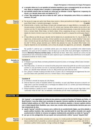 Língua Portuguesa e Literaturas de Língua Portuguesa

                  a) o narrador refere-se aí a um episódio de bastante importância para o prosseguimento de sua vida amo-
                     rosa. Quais as relações entre o narrador e a personagem Lobo Neves aí citada?
                  b) que episódio anterior deve ser levado em conta para se entender o trecho “Agarrei-me à esperança da
                     recusa, se o decreto viesse outra vez datado de 13” ?
                  c) a frase “Que profundas que são as molas da vida!” pode ser interpretada como irônica no contexto do
                     romance. Por quê?

      Resposta    a) Da recusa do cargo por parte Lobo Neves deve ocorrer a óbvia permanência de Virgília, sua esposa, de
      esperada       quem Brás Cubas, o narrador-personagem, é amante.                                            (1 ponto)
                  b) Anteriormente, o marido, Lobo Neves, já havia sido nomeado para um cargo idêntico e, na ocasião, ele o
                     recusara porque o decreto datava de um dia 13, número que marcava vários azares na sua vida (o pai
                     morrera num dia 13, treze dias depois de um jantar onde havia treze pessoas; a casa onde morrera a mãe
                     tinha o número treze). Brás Cubas, no trecho citado, tinha a esperança de que o novo decreto viesse
                     datado do mesmo número e que com isso o rival desistisse de partir e a esposa lhe continuasse disponí-
                     vel.                                                                                        (2 pontos)
                  c) A frase refere-se ao fato de que o decreto não foi datado de um providencial dia 13, mas do dia 31. Os
                     algarismos, embora sendo os mesmos, tinham perdido na nova ordem seu “poder diabólico” (não eram
                     mais o número de azar de Lobo Neves e de sorte de Brás Cubas). A referência à profundidade das “molas
                     da vida” é irônica, porque assinala que o destino das pessoas (no caso, do próprio Brás Cubas e de
                     Virgínia) depende de uma banalidade, como a troca de posição dos algarismos, por exemplo. (2 pontos)


    Comentário        Na questão 9, pede-se que o candidato atente para uma relação de causalidade entre determinados
                  episódios, nos quais se torna evidente o tipo de laços que se dão entre duas personagens importantes do
                  romance Memórias Póstumas de Brás Cubas, de Machado de Assis. Além disso, levando em conta uma das
                  características mais conhecidas do estilo do autor, espera-se que o candidato saiba identificá-la numa seqüên-
                  cia bastante evidente do trecho citado.

   Exemplos de    Candidato A
      respostas   a) A relação é que Lobo Neves nomeado presidente da província daria um emprego a Brás Cubas (narrador-
                     personagem).
                  b) Para Brás Cubas, 13 não era um número de sorte porque ele morara boa parte de sua vida numa casa de
                     número 13, seu pai morreu num dia 13, ele havia participado de um jantar onde estiveram 13 pessoas.
                     Enfim, se o decreto fosse realizado no dia 13, Brás achava que não fosse dar certo.
                  c) Sim, porque a simples mudança da data do dia 13 para o dia 31 (transposição de algarismos) fez com
                     que tudo desse certo para Brás como se o número fosse o único responsável.


                  Candidato B
                  a) O narrador é amante da esposa de Lobo Neves.
                  b) Deve-se levar em conta um episódio anterior da narrativa, no qual Lobo Neves recusa-se a assumir um
                     cargo para o qual fora nomeado pois a nomeação era datada do dia 13, número que trazia lembranças
                     funestas a esse mesmo Lobo Neves.
                  c) Porque expressa o oposto do que o narrador está pensando já que os fatos que ele finge tratar como
                     “profundas molas da vida” são, na realidade, considerados por ele meras superstições infundadas.


QUESTÃO 10
                  Um “quarup”, a ser organizado por índios de área próxima ao posto do Serviço de Proteção aos Índios, no
                  Brasil Central, é uma das idéias mais constantes do segundo e terceiro capítulos do romance Quarup, que
                  Antônio Callado publicou em 1967. Não se trata de uma insistência aleatória: o terceiro capítulo culmina
                  com o relato daquela festa ritualística, que, nesse caso, envolve vários acontecimentos decisivos para uma
                  boa compreensão da obra.
                  a) aquele “quarup” coincide no romance com a notícia de um acontecimento trágico, que teria abalado o
                     quadro político brasileiro. Que acontecimento foi esse? Que outro fato político vinculado com aquele
                     acontecimento é referido no romance em páginas imediatamente precedentes ao relato do “quarup”?
                  b) por que um dos protagonistas diz que aquele será provavelmente o último “quarup” daquela tribo?

      Resposta    a) O acontecimento, cuja notícia coincide com o quarup, é a morte-suicídio de Getúlio Vargas. O anúncio
      esperada       desse acontecimento é precedido ou prenunciado pelo tumultuado episódio no qual teria sido ferido o
                     jornalista e político Carlos Lacerda, inimigo confesso de Vargas.                          (3 pontos)
                                                                                                                                   v




                                                                                                                             53
 