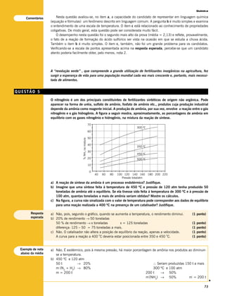 Química

    Comentários        Nesta questão avaliou-se, no item a, a capacidade do candidato de representar em linguagem química
                   (equação e fórmulas) um fenômeno descrito em linguagem comum. A pergunta b é muito simples e examina
                   o entendimento de uma escala de temperatura. O item c está relacionado ao conhecimento de propriedades
                   coligativas. De modo geral, esta questão pode ser considerada muito fácil.
                       O desempenho nesta questão foi o segundo mais alto da prova (média = 2,13) e reflete, provavelmente,
                   o fato de a reação de formação do ácido sulfúrico ser vista na ocasião em que se estuda a chuva ácida.
                   Também o item b é muito simples. O item c, também, não foi um grande problema para os candidatos.
                   Verificando-se a escala de pontos apresentada acima na resposta esperada, percebe-se que um candidato
                   atento poderia facilmente obter, pelo menos, nota 2.




                   A “revolução verde” , que compreende a grande utilização de fertilizantes inorgânicos na agricultura, fez
                   surgir a esperança de vida para uma população mundial cada vez mais crescente e, portanto, mais necessi-
                   tada de alimentos.


QUESTÃO 5
                   O nitrogênio é um dos principais constituintes de fertilizantes sintéticos de origem não orgânica. Pode
                   aparecer na forma de uréia, sulfato de amônio, fosfato de amônio etc., produtos cuja produção industrial
                   depende da amônia como reagente inicial. A produção de amônia, por sua vez, envolve a reação entre o gás
                   nitrogênio e o gás hidrogênio. A figura a seguir mostra, aproximadamente, as porcentagens de amônia em
                   equilíbrio com os gases nitrogênio e hidrogênio, na mistura da reação de síntese.
                                                           70
                                                                                             300 °C
                                                           60

                                                           50
                                        % NH3 na mistura




                                                           40
                                                                                             350 °C
                                                           30
                                                                                             450 °C
                                                           20                                500 °C

                                                           10

                                                            0
                                                                40   60   80   100 120 140 160        180 200 220
                                                                                  Pressão total/atm
                   a) A reação de síntese da amônia é um processo endotérmico? Justifique.
                   b) Imagine que uma síntese feita à temperatura de 450 ºC e pressão de 120 atm tenha produzido 50
                      toneladas de amônia até o equilíbrio. Se ela tivesse sido feita à temperatura de 300 ºC e à pressão de
                      100 atm, quantas toneladas a mais de amônia seriam obtidas? Mostre os cálculos.
                   c) Na figura, a curva não sinalizada com o valor de temperatura pode corresponder aos dados de equilíbrio
                      para uma reação realizada a 400 ºC na presença de um catalisador? Justifique.

       Resposta    a) Não, pois, segundo o gráfico, quando se aumenta a temperatura, o rendimento diminui.          (1 ponto)
       esperada    b) 20% de rendimento → 50 toneladas
                      50 % de rendimento → x toneladas            x = 125 toneladas                                 (1   ponto)
                      diferença: 125 – 50 = 75 toneladas a mais.                                                    (1   ponto)
                   c) Não. O catalisador não altera a posição de equilíbrio da reação, apenas a velocidade.         (1   ponto)
                                                    o                                             o
                      A curva para a reação a 400 C deveria estar posicionada entre 350 e 450 C.                    (1   ponto)


 Exemplo de nota   a) Não. É exotérmico, pois à mesma pressão, há maior porcentagem de amônia nos produtos ao diminuir-
 abaixo da média      se a temperatura.
                   b) 450 ºC e 120 atm
                      50 t          → 20%                                           ∴ Seriam produzidas 150 t a mais
                      m (N2 + H2) → 80%                                             300 ºC e 100 atm
                      m = 200 t                                                 200 t    → 50%
                                                                                m’(NH3) → 50%              m’ = 200 t
                                                                                                                                   v




                                                                                                                             73
 