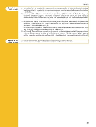 História


Exemplo de nota   a) Os missionários e os soldados. Os missionários vinham para catequizar os povos dominados, impondo a
 acima da média      religião européia. Os soldados são os órgãos opressores que reprimiam a população para conter rebeliões
                     e revoluções.
                  b) A revolução Cultural Chinesa era contrária aos princípios capitalistas vindos do Ocidente. Pregava o
                     socialismo como transição para o comunismo, onde a terra seria um bem comum, não tendo interesses
                     voltados apenas para a obtenção de lucros, mas, sim, interesses voltados para o bem-estar da sociedade.

                  a) Os missionários tiveram papel importante na dominação de outros povos, eram eles que se aproximavam
                     dos povos, a fim de traze-los para a Igreja Católica. Com isso, impunham também valores europeus, que
                     facilitavam a dominação e escravização.
                     Os comerciantes finalizaram o processo de dominação: suas mercadorias afirmavam a supremacia euro-
                     péia sobre os povos e tornava-os dependentes de sua economia.
                  b) A Revolução Cultural Chinesa consistiu no fechamento em todos os aspectos da China aos povos do
                     Ocidente. Dessa maneira, tornou-se a influência menos violenta. A China criou seu próprio sistema
                     político, negando o capitalismo, e nela foi proibida e abafada qualquer manifestação da cultura ocidental.


Exemplo de nota   a) Soldado e missionário, exploração do comércio e dominação colonial chineses.
abaixo da média




                                                                                                                             95
 