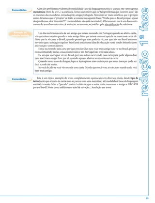 redação 1ª fase
                     Além dos problemas evidentes de modalidade (uso da linguagem escrita) e coesão, este texto apenas
Comentários
                  mencionou (bem de leve...) a coletânea. Temos que inferir que os “tais problemas que ocorrem aqui” são
                  os mesmos das manchetes enviadas pelo amigo português. Tentando ser mais sintéticos que o próprio
                  autor, diríamos que o “projeto” de texto se resume na seguinte frase: “Venha para o Brasil porque, apesar
                  dos problemas, ele é liinnndo!!!!” (e o candidato não está mentindo!). Obviamente, este é um desenvolvi-
                  mento do tema bastante ruim. A anulação, no entanto, se justifica pela não utilização da coletânea.


  Exemplo de           Um dia recebi uma carta de um amigo que estava morando em Portugal, quando ao abrir a carta,
redação anulada    vi o que estava escrito quando o meu amigo falou que estava contente que ele escreveu essa carta, ele
                   falou que ia vir para o Brasil, quando pensei que não poderia vir, por que nós no Brasil estamos
                   ouvindo que a educação aqui no Brasil está sendo uma falta de educação e está sendo abisurdo com
                   as crianças e com os idosos.
                       Estou escrevendo esta carta por que preciso falar para você meu amigo não vir no Brasil, porque
                   está acontecendo várias coisas muito ruíns e em Portugal não tem nada disso.
                       Eu sei que você quer vir no Brasil, por isso estou escrevendo essa carta para pedir alguns dias
                   para você meu amigo ficar por aí, quando a puera abaixar eu mando outra carta.
                       Quando ouver caso de dengue, lepra e leptospirose não encista por que essas doenças pode ser
                   fatal e pode até matar.
                       Se você decidir se você vier mande uma carta falando que você vem, se não, não mande nada está
                   bem meu amigo.


Comentários           Este é um típico exemplo de texto completamente equivocado em diversos níveis, desde tipo de
                  texto (note que o início da carta mais se parece com uma narrativa) até modalidade (uso da linguagem
                  escrita) e coesão. Mas, o “pecado” maior é o fato de que o autor tenta convencer o amigo a NÃO VIR
                  para o Brasil! Neste caso, infelizmente não há salvação... Anulação em tema.




                                                                                                                                      29
 