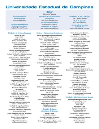 Universidade Estadual de Campinas
                                                            Reitor
                                                      Hermano Tavares
         Coordenador Geral                     Pró-Reitoria de Desenvolvimento                Pró-Reitoria de Pós-Graduação
          da Universidade                                Universitário                            José Cláudio Geromel
        Fernando Galembeck                         Luís Carlos Guedes Pinto                         Chefe de Gabinete
                                                  Pró-Reitoria de Graduação                         Raul Vinhas Ribeiro
     Pró-Reitoria de Extensão e                     Angelo Luiz Cortelazzo
                                                                                                Coordenadoria Executiva
      Assuntos Comunitários                         Pró-Reitoria de Pesquisa                          do Vestibular
      Roberto Teixeira Mendes                     Ivan Emílio Chambouleyron                    Maria Bernadete M. Abaurre

 Unidades de Ensino e Pesquisa              Centros e Núcleos Interdisciplinares                Centro de Pesquisas Químicas,
                                                                                                     Biológicas e Agrícolas
           Instituto de Artes               Núcleo de Estudos e Pesquisas Ambientais
                                                                                                João Alexandre F. Rocha Pereira
             Regina Müller                         Thomas Michael Lewinsohn
                                                                                                      Centro de Tecnologia
         Instituto de Biologia                  Núcleo de Planejamento Energético                  Douglas Eduardo Zampieri
        Maria Luiza Silveira Melo                      Sérgio Waldir Bajay
                                                                                              Centro de Controle de Intoxicações
        Instituto de Computação                   Núcleo de Estudos Estratégicos                        José Ronan Vieira
          Tomasz Kowaltowski                         Eliézer Rizzo de Oliveira
                                                                                                 Centro de Ensino de Línguas
         Instituto de Economia                   Núcleo de Estudos de Pesquisas                       Ana Luiza V. Degelo
          Geraldo Di Giovanni                           em Alimentação                         Centro de Engenharia Biomédica
                                                 Maria Antônia Martins Galeazzi                 José Wilson Magalhães Bassani
   Instituto de Estudos da Linguagem
        Luiz Carlos da Silva Dantas              Núcleo de Informática Biomédica          Centro de Pesquisas Onco-Hematológicas
                                                        Renato Sabbatini                            Silvia Regina Brandalise
Instituto de Filosofia e Ciências Humanas
            Paulo Celso Miceli                Centro de Estudos de Opinião Pública                            Editora
                                                       Rachel Meneguello                             Luiz Fernando Milanez
  Instituto de Física “Gleb Wataghin”
      Carlos Henrique de Brito Cruz            Centro de Estudos de Gênero “Pagu”                      Escola de Extensão
                                                      Adriana Gracia Piscitelli                        Paulo Roberto Mei
        Instituto de Geociências
         Newton Müller Pereira              Centro de Ensino e Pesquisa em Agricultura         Escritório Técnico de Construção
                                                       Hilton Silveira Pinto                         Luiz Carlos de Almeida
  Instituto de Matemática e Estatística
             José Luiz Boldrini                  Centro de Lógica, Espistemologia                       Biblioteca Central
                                                       e História da Ciência                  Maria Alice Rebello do Nascimento
          Instituto de Química
                                                       Osnyr Faria Gabbi Jr.             Centro de Atenção Integral à Saúde da Mulher
              Celio Pasquini
                                                       Centro de Memória                               Luiz Carlos Zeferino
     Faculdade de Ciências Médicas
                                                  Olga Rodrigues M. Von Simson                      Centro de Computação
        Mário José Abdalla Saad
                                            Núcleo de Desenvolvimento da Criatividade               Hans Kurt E. Liesenberg
         Faculdade de Educação                                                                      Centro de Comunicação
                                                          César Ciacco
           Luís Carlos Freitas                                                                             Hélio Solha
                                              Núcleo de Estudos de Políticas Públicas
      Faculdade de Educação Física                                                              Serviço de Apoio ao Estudante
                                                      Pedro Luiz Barros Silva
         Pedro José Winterstein                                                                   João Frederico C. A. Meyer
                                                 Núcleo de Estudos da População
   Faculdade de Engenharia Agrícola                                                                  Hospital das Clínicas
                                                         Daniel Hogan
         João Domingos Biagi                                                                       Paulo Eduardo R. M. Silva
                                            Núcleo de Informática Aplicada à Educação
        Faculdade de Engenharia                                                               Centro de Diagnóstico de Doenças
                                                      José Armando Valente
             de Alimentos                                                                           do Aparelho Digestivo
         Gláucia Maria Pastore                   Núcleo de Comunicação Sonora                       José Murilo R. Zeitune
                                                         Raul do Valle
     Faculdade de Engenharia Civil                                                          Centro de Hematologia e Hemoterapia
      Roberto Feijó de Figueiredo                 Núcleo de Ciência, Aplicações                        Fernando Costa
                                                    e Tecnologias Espaciais
    Faculdade de Engenharia Elétrica                                                     Unidades Administrativas de Serviço
                                                     Nelson de Jesus Parada
           e de Computação
          Léo Pini Magalhães                  Laboratório de Movimento e Expressão          Coordenadoria da Administração Geral
                                                    Josefa Barbara Iwanowicz                       Vera Lúcia Randi Ferraz
   Faculdade de Engenharia Mecânica
                                                   Centro de Documentação de                          Secretaria Geral
       Antonio Celso F. de Arruda
                                                     Música Contemporânea                               Paulo Solero
   Faculdade de Engenharia Química                                                                   Procuradoria Geral
                                                      José Augusto Mannis
       Maria Regina Wolf Maciel                                                                  Octacílio Machado Ribeiro
Faculdade de Odontologia de Piracicaba               Unidades de Apoio
                                                                                                   Prefeitura do Campus
        Antonio Wilson Salum                       e Prestação de Serviços                           Orlando F. Lima Jr.
Centro Superior de Educação Tecnológica                  Arquivo Central                      Coordenadoria de Serviços Sociais
           Maria A. Marinho                          Neire do Rossio Martins                             Edison Bueno
     Colégio Técnico de Campinas                Centro de Engenharia do Petróleo             Diretoria Geral de Recursos Humanos
         Michel Sadalla Filho                          Denis José Schioser                             Luís Carlos Freitas
       Colégio Técnico de Limeira            Centro de Manutenção de Equipamentos                    Diretoria Acadêmica
        Antonio Manuel Queirós                      César José Bonjuani Pagan                         Antonio Faggiani
 