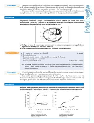 Nesta questão o candidato deveria relacionar a presença e a composição de uma estrutura anatômi-




                                                                                                                                                                                                 biologia
  Comentários
                    ca de animais (esqueleto) à sua função. Foi uma questão fácil de modo geral, mas discriminou bem os
                    candidatos; apenas 1,5% deixou esta questão em branco e 23,1% obtiveram nota 5.
                        Os nomes populares dos animais foram aceitos como resposta correta. Quando foi citado o mesmo
                    exemplo tanto para exo – como para endoesqueleto não foi dada pontuação a nenhum deles.

Questão 16

                    Os primeiros vertebrados a ocupar o ambiente terrestre foram os anfíbios, que, porém, ainda neces-
                    sitam retornar à água para a reprodução. A independência da água foi conseguida posteriormente
                    através de novidades evolutivas, como as relacionadas ao ovo.

                                                                                             d                                                      e


                                                                                      c


                                                                                      b
                                                                                      a




                    a) Indique as letras do esquema que correspondem às estruturas que aparecem só a partir desse
                       tipo de ovo. Identifique as estruturas indicadas.
                    b) Cite outra adaptação reprodutiva para a vida animal em ambiente terrestre.

Resposta esperada    a) b = córion; c = âmnion; e = alantóide                                                                                                                       (3 pontos)
                     b) Fecundação interna;
                        Desenvolvimento interno (viviparidade); ou: presença de placenta.
                        Ovo com casca porosa e resistente;
                        Grande quantidade de vitelo.                                                                                                               (qualquer uma: 2 pontos)


                     Obs.: No item b, respostas indicando duas adaptações, sendo: 1 reprodutiva + 1 não reprodutiva –
                           recebeu 1 ponto. Respostas com 1 (ou +) adaptação reprodutiva junto com 2 (ou +) não repro-
                           dutiva – recebeu zero.

  Comentários           O objetivo da questão foi avaliar se o candidato podia reconhecer, entre as estruturas do ovo, aque-
                    las que são adaptações para a reprodução em ambiente terrestre.
                        Esta questão apresentou pequena porcentagem de notas 5 (7,7%) e 25,5% das provas estava em
                    branco ou recebeu nota zero, indicando um grau alto de dificuldade por parte dos candidatos. De um
                    modo geral, parece existir uma deficiência no reconhecimento dos anexos embrionários.

Questão 17

                    As figuras A e B representam os resultados de um conhecido experimento de crescimento populacional
                    de duas espécies de Paramecium: P. aurelia e P. caudatum, que utilizam o mesmo recurso alimentar.

                                                          500                                                                         500
                                                         K
                                                                                                         número de indivíduos/0,5ml
                            número de indivíduos/0,5ml




                                                          400                               P. aurelia                                400
                                                                                                                                                                                P. aurelia

                                                         300                                                                          300

                                                          200                                                                         200
                                                         K
                                                          100                             P. caudatum                                 100
                                                                                                                                                                    P. caudatum
                                                           0                                                                            0
                                                                0   2   4    6    8   10 12 14 16 dias                                      0   2   4   6    8   10 12 14 16 dias

                                                                                 FIGURA A                                                                   FIGURA B

                                                                    Curva de crescimento das duas                                               Curva de crescimento das duas
                                                                    espécies mantidas em frascos de                                             espécies mantidas no mesmo
                                                                    cultura separados                                                           frasco de cultura


                                                                                                                                                                                                     67
 