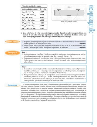 química
                     Potenciais padrão de redução
                                                                                              Solo
                                                              0
                     Semi reação de redução                  E / volts
                     F2 (g) + 2 e– = 2 F–(g)                 +2,87
                                             –           –
                     Br2 (g) + 2 e = 2 Br (aq)               +1,08
                          +              –
                     Ag    (aq)      + e = Ag(s)             +0,80
                          2+                     –
                     Cu        (aq)   + 2 e = Cu(s)          +0,34
                       2+                        –
                                                                                  Placas para proteção catódica
                     Ni       (aq)    + 2 e = Ni(s)          –0,25
                       2+                        –
                     Fe       (aq)    + 2 e = Fe(s)          –0,44
                          2+                         –
                     Mg         (aq)   + 2 e = Mg(s)         –2,37

                    b) Uma outra forma de evitar a corrosão é a galvanização: deposita-se sobre o corpo metálico uma
                       camada de um outro metal que o proteja da oxidação. Das substâncias da tabela acima, qual
                       você usaria para galvanizar uma tubulação em ferro metálico? Justifique.


Resposta esperada    a) Magnésio, pois pelo potencial padrão de oxidação (+2,37 v) se oxida com mais facilidade do que
                        o ferro (potencial de oxidação = +0,44 v)                                             (2 pontos)
                     b) Níquel (cobre, prata), pois pelo seu potencial de oxidação (+0,25, –0,34, –0,80) tem menor ten-
                        dência à oxidação que o ferro, protegendo-o, portanto, da oxidação.                   (3 pontos)


   Exemplos de       Nota 1
    resolução        a) Utilizaríamos neste caso flúor. Prendendo-se ao ferro, resultariam num maior potencial padrão,
                        evitando assim a corrosão. Seria o mais eficaz dos 4 possíveis (Br, Ag e Cu)
                     b) Para a galvanização, seria vantajoso um metal cujo potencial de redução fosse menor que o seu.
                        Assim, notamos que esse é preferencialmente o níquel, formando assim uma camada protetora
                        sobre o ferro.

                     Nota 5
                     a) Se fosse fazer uma proteção catódica em uma tubulação de ferro metálico, usaria o Mgo(s) como
                        metal de sacrifício, pois é o metal que tem menor potencial de redução, portanto, maior poten-
                        cial de oxidação, então se oxidaria em vez do ferro das tubulações.
                     b) Para galvanizar uma tubulação de ferro poderia ser usado tanto cobre quanto prata devido os
                        seus baixos potenciais de oxidação (–0,34 e –0,80 respectivamente) mas, tendo em vista os cus-
                        tos de uma galvanização de uma tubulação de ferro com prata, o metal a ser escolhido seria o
                        cobre, portanto, galvanizaria a tubulação de ferro com cobre.

  Comentários           O assunto eletroquímica, assim como a termoquímica, é problemático para a maioria dos candida-
                    tos. Assim, embora a questão examine aspectos muito fundamentais para os estudantes, pode ser con-
                    siderada difícil. Muitas vezes dá-se ênfase somente aos valores de potenciais padrão de eletrodo, cons-
                    tantemente utilizados como critério de se estabelecer espontaneidade de reações, esquecendo-se de
                    comentar aspectos importantes como o estado físico do material, sua reatividade com outras substân-
                    cias, etc. Geralmente a eletroquímica no ensino médio fica confinada a discussões como: espontanei-
                    dade ou não de uma reação, determinação da força eletromotriz da pilha, etc. Aspectos importantes do
                    cotidiano, envolvendo reações de oxidação e redução, geralmente não são levados em conta neste tópi-
                    co de Química, exceção feita a baterias de automóveis.




                                                                                                                                 87
 