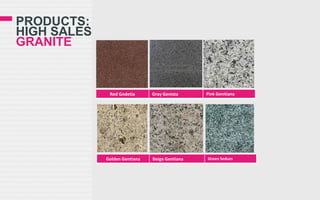 PRODUCTS:
HIGH SALES
GRANITE

Red Godetia

Golden Gentiana

Gray Genista

Beige Gentiana

Pink Genitiana

Green Sedum

 
