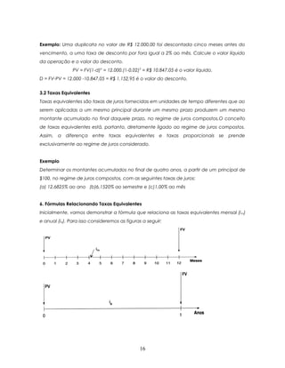 Exemplo: Uma duplicata no valor de R$ 12.000,00 foi descontada cinco meses antes do
vencimento, a uma taxa de desconto por fora igual a 2% ao mês. Calcule o valor líquido
da operação e o valor do desconto.
               PV = FV(1-d)n = 12.000.(1-0,02)5 = R$ 10.847,05 é o valor líquido.
D = FV-PV = 12.000 -10.847,05 = R$ 1.152,95 é o valor do desconto.


3.2 Taxas Equivalentes
Taxas equivalentes são taxas de juros fornecidas em unidades de tempo diferentes que ao
serem aplicadas a um mesmo principal durante um mesmo prazo produzem um mesmo
montante acumulado no final daquele prazo, no regime de juros compostos.O conceito
de taxas equivalentes está, portanto, diretamente ligado ao regime de juros compostos.
Assim,   a diferença entre taxas        equivalentes   e taxas     proporcionais    se prende
exclusivamente ao regime de juros considerado.


Exemplo
Determinar os montantes acumulados no final de quatro anos, a partir de um principal de
$100, no regime de juros compostos, com as seguintes taxas de juros:
(a) 12,6825% ao ano (b)6,1520% ao semestre e (c)1,00% ao mês


6. Fórmulas Relacionando Taxas Equivalentes
Inicialmente, vamos demonstrar a fórmula que relaciona as taxas equivalentes mensal (i m)
e anual (ia). Para isso consideremos as figuras a seguir:




                                              16
 