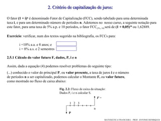 O fator  (1 + i) n   é denominado Fator de Capitalização (FCC), sendo tabelado para uma determinada  taxa  i , e para um determinado número de períodos  n . Adotemos no  nosso curso, a seguinte notação para este fator, para uma taxa de 5% a.p. e 10 períodos, o fator FCC (5%, 10)  será de  (1 + 0,05) 10   ou 1,62889. Exercício : verificar, num dos textos sugerido na bibliografia, os FCCs para: i =10% a.a. e 8 anos; e i = 8% a.s. e 2 semestres  2.5.1 Cálculo do valor futuro F, dados, P, i e n  Assim, dada a equação (4) podemos resolver problemas do seguinte tipo: (...) conhecido o valor do principal  P , ou  valor presente,  a taxa de juros  i  e o número  de períodos  n  a ser capitalizado, podemos calcular o Montante  F,  ou  valor futuro ,  como mostrado no fluxo de caixa abaixo: 2. Critério de capitalização de juros: F  = P 1 3 2 n Fig. 2.2:  Fluxo de caixa da situação:  Dados P, i e n calcular S. 