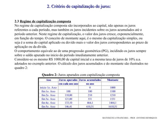 2.3   Regime de capitalização composta No regime de capitalização composta são incorporados ao capital ,  não apenas os juros referentes a cada período ,  mas também os juros incidentes sobre os juros acumulados até o período anterior.  Neste regime de capitalização, o valor dos juros cresce, exponencialmente, em função do tempo. O conceito de montante aqui, é o mesmo da capitalização simples, ou seja é a soma do capital aplicado ou devido mais o valor dos juros correspondentes ao prazo de aplicação ou da dívida.  O comportamento equivale ao de um a  progressão geométrica  (PG) , incidindo os juros sempre sobre o saldo apurado no inicio do  período  imediatamente anterior. Considere-se os mesmo R$ 1000,00 de capital inicial e a mesma taxa de juros de 10% a.a.  a dotados no exemplo anterior.  O cálculo dos juros acumulados e do montante são  ilustrad os  no quadro 2: Quadro 2:  Juros apurados com capitalização composta 2. Critério de capitalização de juros: 