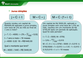 Juros  simples Quanto rendeu um capital de R$4000,00 aplicado a juros simples, com taxa de 2% ao mês ao final de 1 ano e meio? Qual o montante que terei? Um capital de R$ 5000,00, aplicado a juros simples com uma taxa de 1,5% ao mês, resultou em um montante de R$ 5750,00 após um período de aplicação. Qual foi este período? 