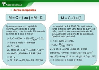 Juros compostos Quanto rendeu um capital de R$4000,00 aplicado a juros compostos, com taxa de 2% ao mês ao final de 1 ano e meio? Um capital de R$ 5000,00, aplicado a juros simples com uma taxa de 1,5% ao mês, resultou em um montante de R$ 5750,00 após um período de aplicação. Qual foi este período? 