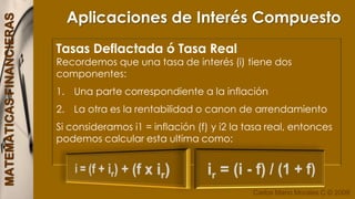 Aplicaciones de Interés Compuesto Inflación - DeflaciónLa inflación es el proceso económico por el cual se presenta un aumento general de precios (IPC – Índice Precios al Consumidor-)El proceso económico contrario disminución general de precios se denomina deflaciónEn el sector de la producción la inflación toma el nombre de IPP –Índice de precios al productor- 