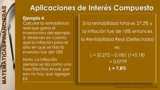 Aplicaciones de Interés Compuesto DevaluaciónLa devaluación es la perdida de valor de la moneda frente a otra. Hay devaluación cuando hace unos meses atrás teníamos que pagar $2.000 por USD 1 y hoy tenemos que pagar $2.300; en este caso la devaluación es:Devaluación= (2.300-2.000)/2.000 = 0,15 = 15%