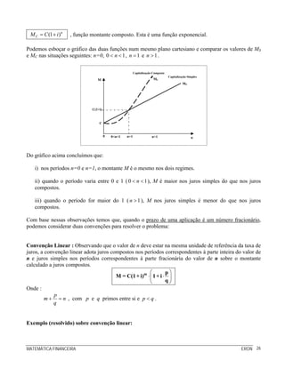 MATEMÁTICA FINANCEIRA ERON 26
(1 )n
CM C i= + , função montante composto. Esta é uma função exponencial.
Podemos esboçar o gráfico das duas funções num mesmo plano cartesiano e comparar os valores de MS
e MC nas situações seguintes: n=0, 0 1n< < , 1n = e 1n > .
Do gráfico acima concluímos que:
i) nos períodos n=0 e n=1, o montante M é o mesmo nos dois regimes.
ii) quando o período varia entre 0 e 1 (0 1n< < ), M é maior nos juros simples do que nos juros
compostos.
iii) quando o período for maior do 1 ( 1n > ), M nos juros simples é menor do que nos juros
compostos.
Com base nessas observações temos que, quando o prazo de uma aplicação é um número fracionário,
podemos considerar duas convenções para resolver o problema:
Convenção Linear : Observando que o valor de n deve estar na mesma unidade de referência da taxa de
juros, a convenção linear adota juros compostos nos períodos correspondentes à parte inteira do valor de
n e juros simples nos períodos correspondentes à parte fracionária do valor de n sobre o montante
calculado a juros compostos.
⎛ ⎞
⋅ ⋅⎜ ⎟
⎝ ⎠
m p
M = C(1+ i) 1+ i
q
Onde :
p
m n
q
+ = , com p e q primos entre si e p q< .
Exemplo (resolvido) sobre convenção linear:
Capitalização Simples
Capitalização Composta
0
M
n>10<n<1 n=1 n
MS
MC
C(1+i)
C
 