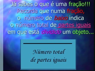 Já sabes o que é uma fração!!!
   Recorda que numa fração,
    o número de baixo indica
 o número total de partes iguais
em que está dividido um objeto...
 