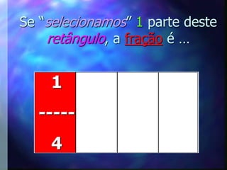 Se “selecionamos” 1 parte deste
    retângulo, a fração é …


    1
  -----
    4
 