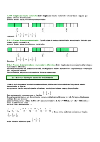 6.10.1 - Frações de mesmo numerador: Entre frações de mesmo numerador a maior delas é aquela que
possui o menor denominador e
a menor delas é a que possui maior denominador




Com isso :

6.10.2 - Frações de mesmo denominador: Entre frações de mesmo denominador a maior delas é aquela que
possui o maior numerador e
a menor delas é a que possui menor numerador.




Com isso :

6.10.3 - Frações de denominadores e numeradores diferentes : Entre frações de denominadores diferentes ou
numeradores diferentes,
devemos transformá-las, preferencialmente, em frações de mesmo denominador e aplicarmos a comparação
para frações de mesmos
denominadores. Vejamos como devemos proceder nesse caso.


      1.6 - Redução de frações ao mesmo denominador


Duas ou mais frações de denominadores diferentes podem ser transformadas em frações de mesmo
denominador e para tal,
encontremos frações equivalentes às primeiras e que tenham todas o mesmo denominador.



Seja, por exemplo, compararmos as frações:
E para isso encontremos um denominador comum, múltiplo simultâneo de 3, 4 e 6. Por comodidade esse
múltiplo deve ser o menor
possível. Calculemos, então o M.M.C. entre os denominadores 3, 4 e 6 => M.M.C.( 3, 4 e 6 ) = 12 Com isso
todas as três frações serão
escritas com o denominador 12.



                                                         e dessa forma podemos comparar as frações




o que nos leva a concluir que :
 