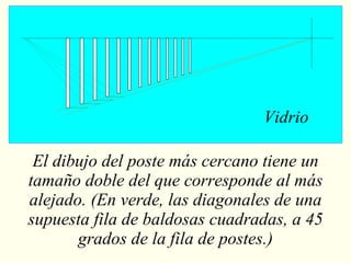 Vidrio El dibujo del poste más cercano tiene un tamaño doble del que corresponde al más alejado. (En verde, las diagonales de una supuesta fila de baldosas cuadradas, a 45 grados de la fila de postes.) 