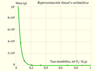 Representación lineal o aritmética Masa (g) 0 0,2 0,4 0,6 0,8 1 Tasa metabólica, ml O 2  / (h.g)  10 7 8  10 6 4  10 6 6  10 6 0 2  10 6 