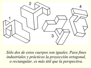 Sólo dos de estos cuerpos son iguales. Para fines industriales y prácticos la proyección ortogonal, o rectangular, es más útil que la perspectiva. 